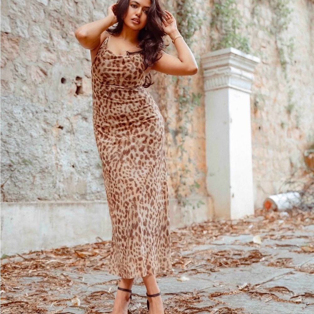 Skylar + Madison Leopard Print Midi Dress in Brown and Tan